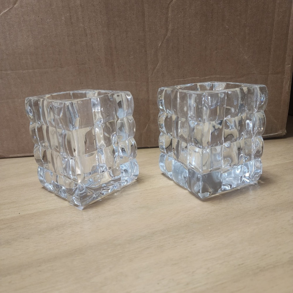 2-Towle Heavy Modern art deco Cubist Crystal table Vase ,Candle, make-up brush
